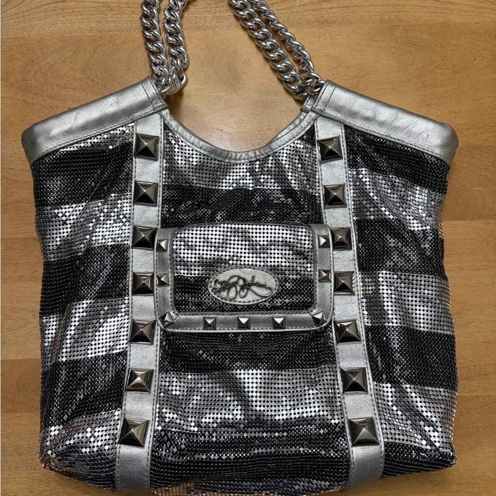 Betsey Johnson RARE Vintage cow leather trim metal mesh body Y2K shoulder bag